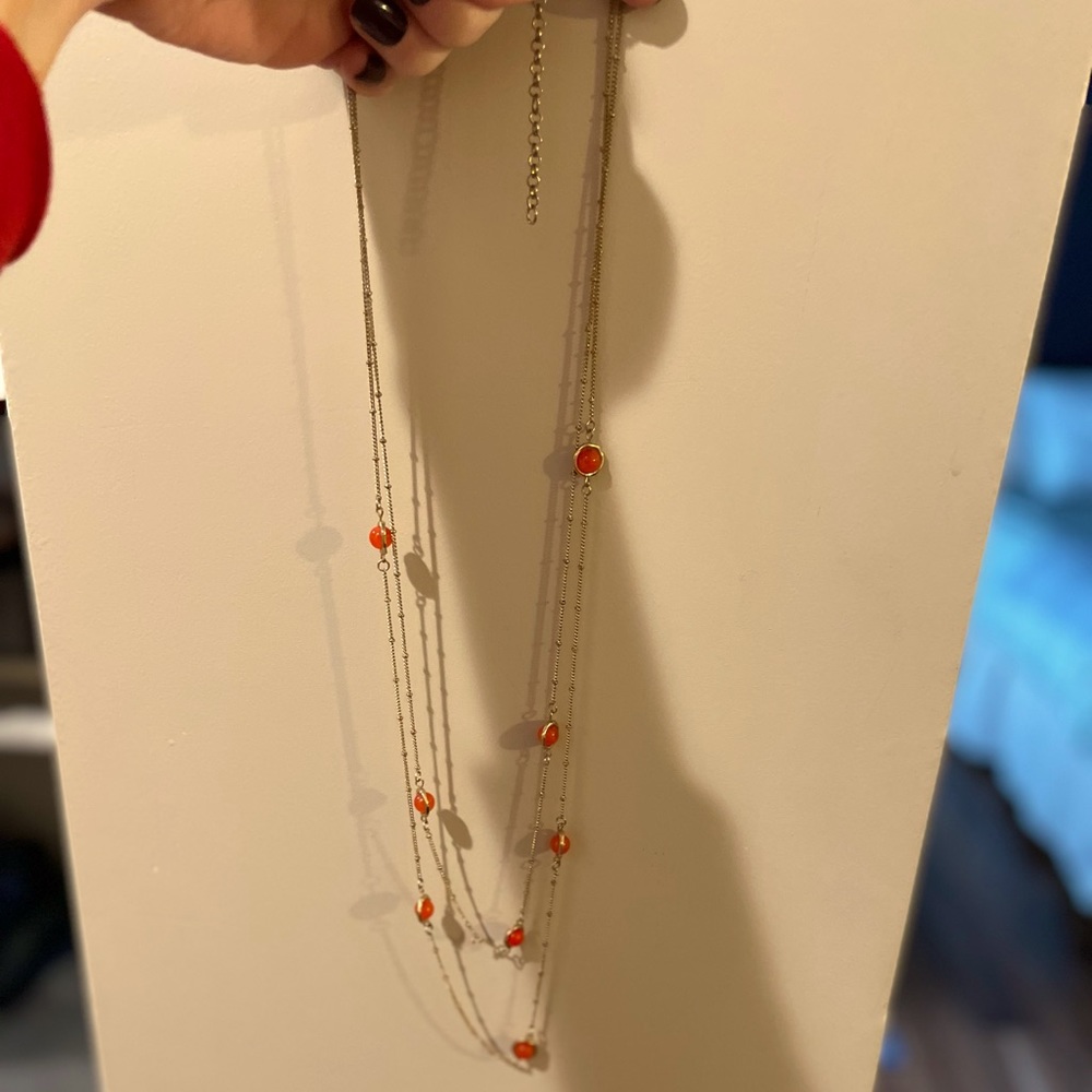 Long Gold Double Chain Necklace with Orange Beading